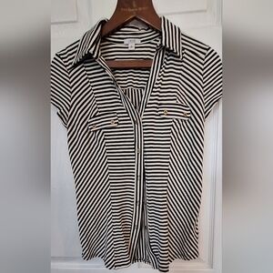 Cache Black White Striped Button Front Top Size M Collared